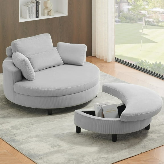 Aukfa 51" Oversized Accent Chair with Half-moon Storage Ottoman for Living Room, Corduroy, Gray