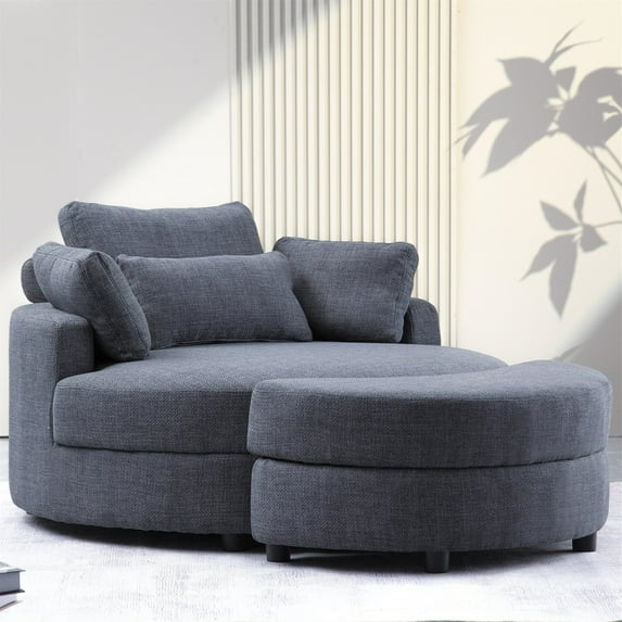 Aukfa 51" Oversized Accent Chair with Ottoman Set, Living Room Barrel Chair Chaise, Linen, Dark Gray