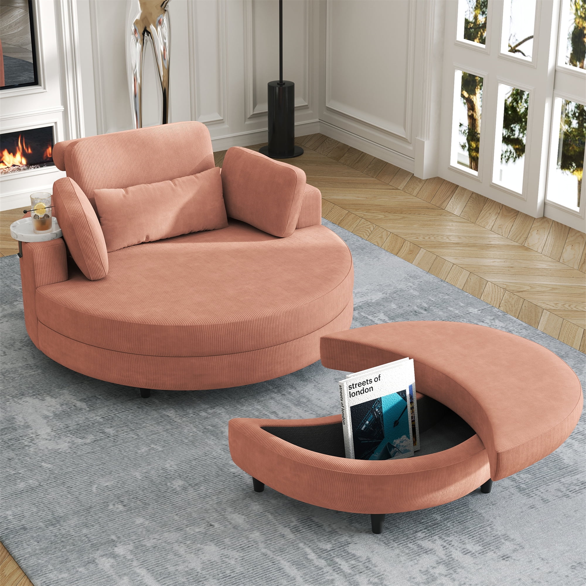 Aukfa 51" Oversized Accent Chair with Ottoman Set, Living Room Barrel Chair Corduroy Chaise, Orange