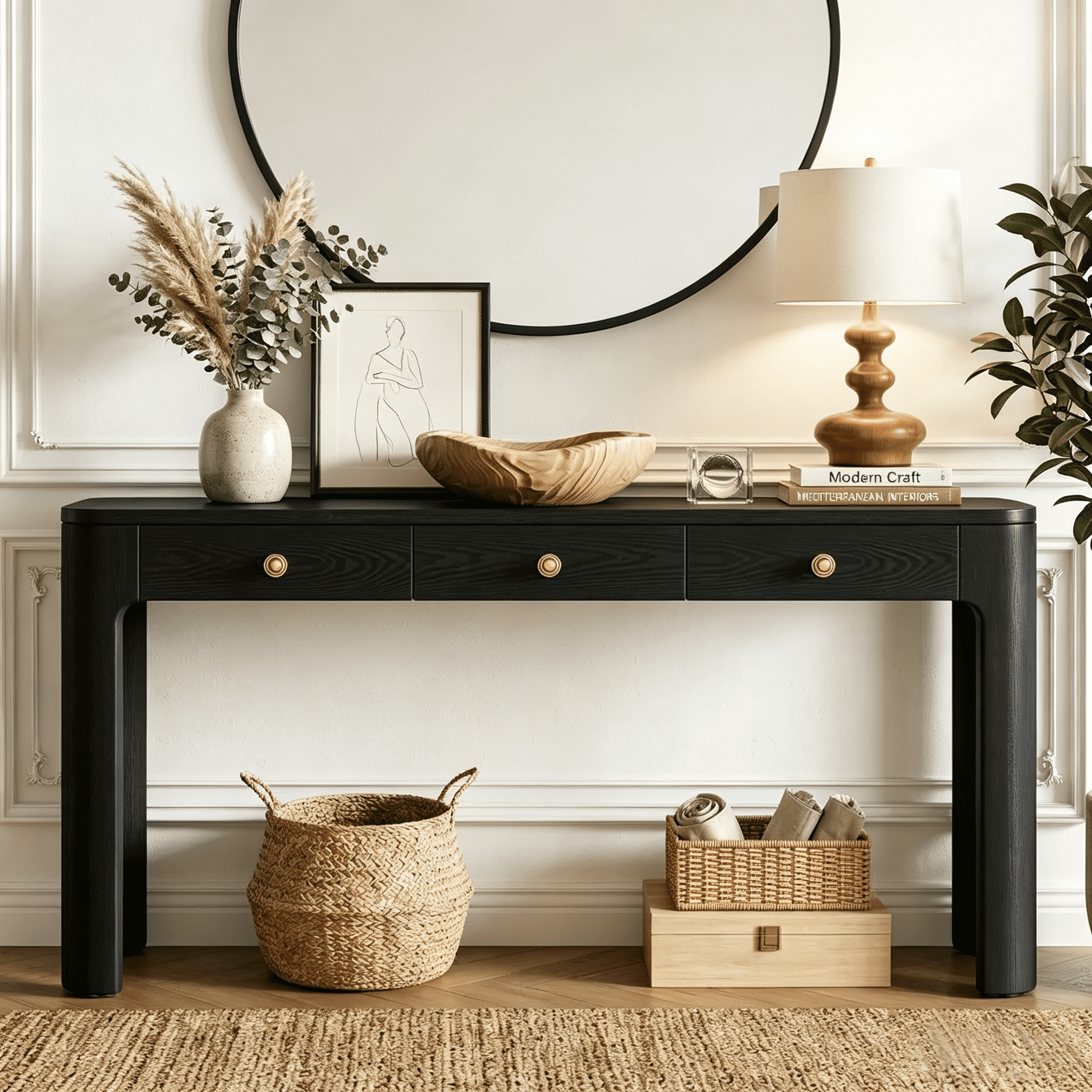 Aukfa 52" Console Table with Curved Corners, 3 Drawers & Thick Legs, Entryway Table for Living Room & Hallway, Black