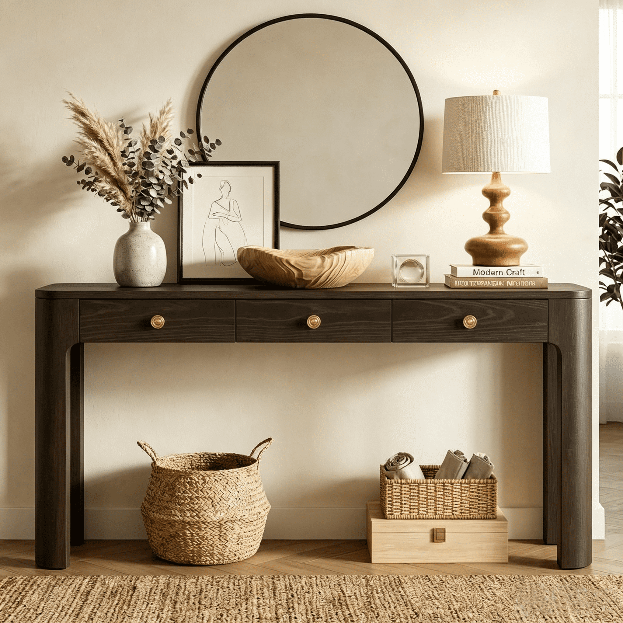 Aukfa 52" Console Table with Curved Corners, 3 Drawers & Thick Legs, Entryway Table for Living Room & Hallway, Espresso
