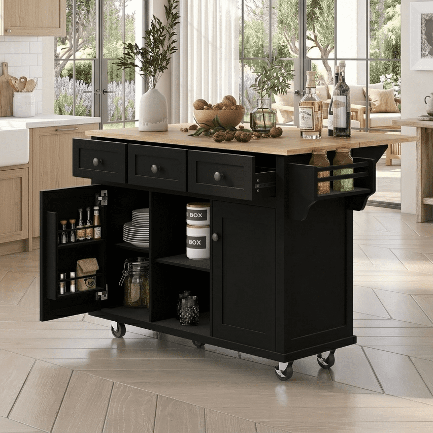 Aukfa 53.1" Rolling Kitchen Island with Drop Leaf Countertop, Kitchen Island Cart with 3 Drawers & Spice Rack,Black