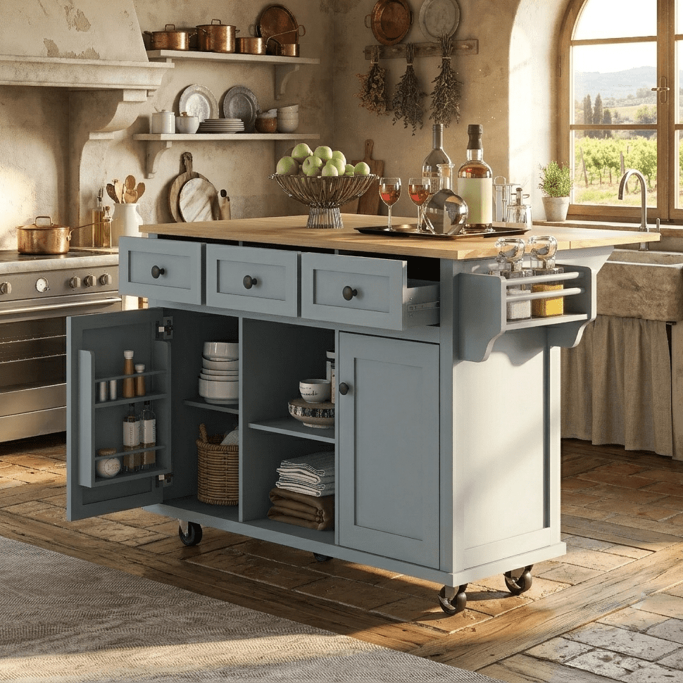 Aukfa 53.1" Rolling Kitchen Island with Drop Leaf Countertop, Kitchen Island Cart with 3 Drawers & Spice Rack,Blue