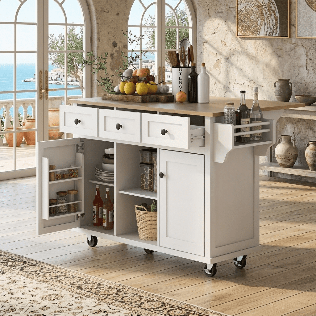 Aukfa 53.1" Rolling Kitchen Island with Drop Leaf Countertop, Kitchen Island Cart with 3 Drawers & Spice Rack,White
