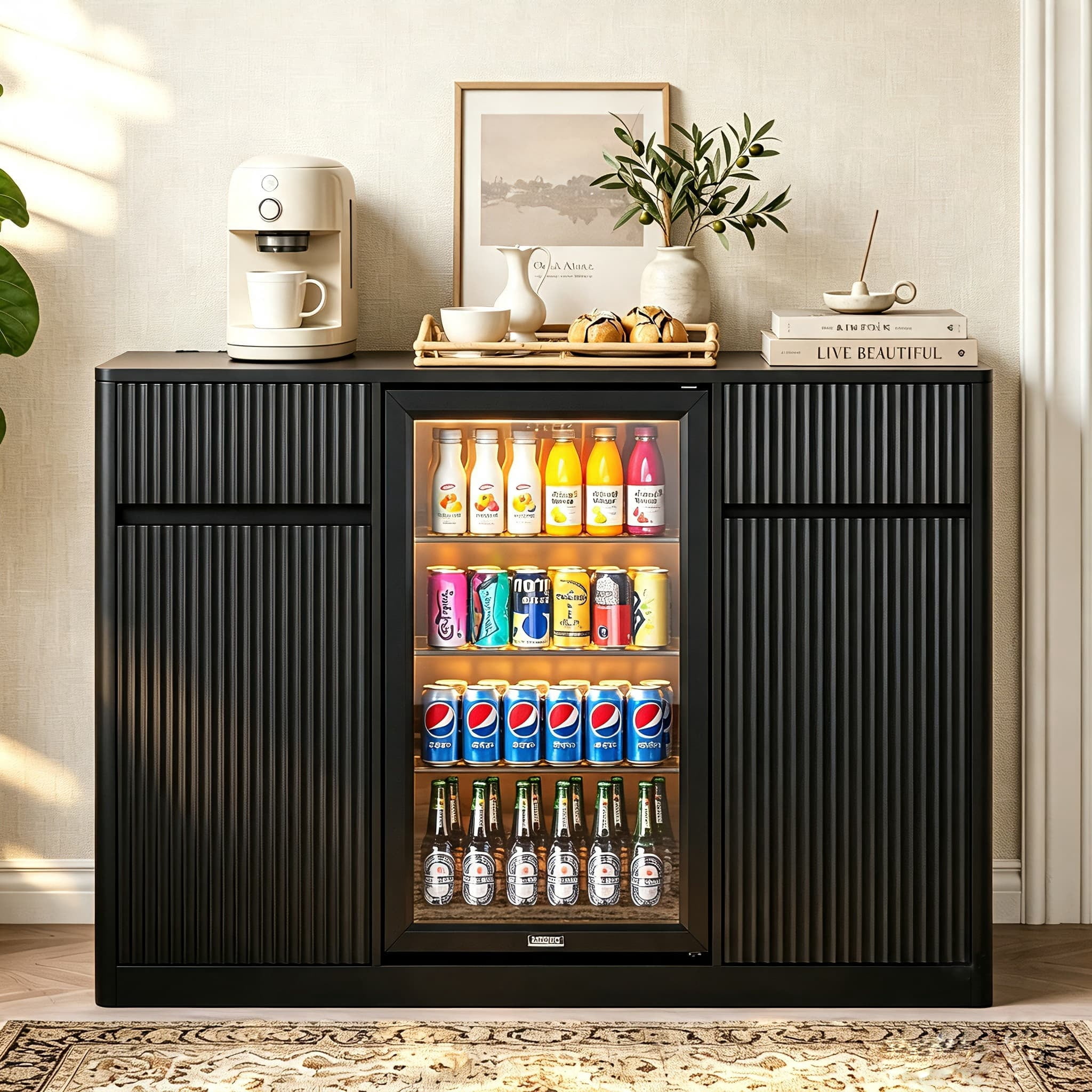 Aukfa 53.2" Modern Fluted Bar Cabinet,Wine Cabinet with Fridge Compartment, Power Outlets & Wine Storage for Kitchen Dining Room,Black