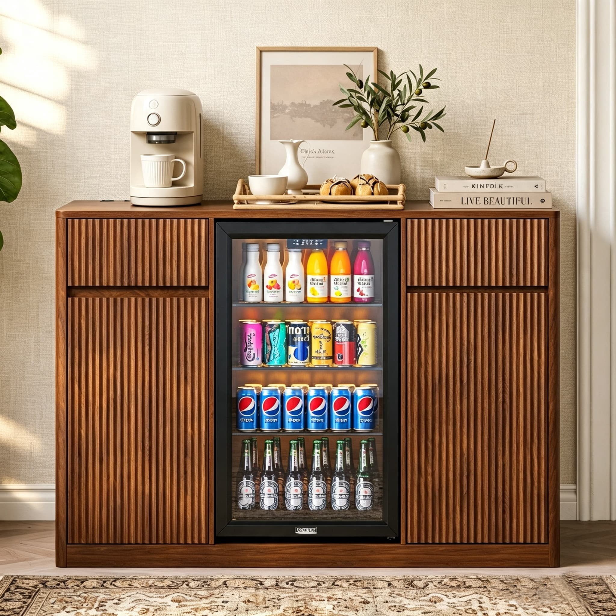 Aukfa 53.2" Modern Fluted Bar Cabinet,Wine Cabinet with Fridge Compartment, Power Outlets & Wine Storage for Kitchen Dining Room,Walnut