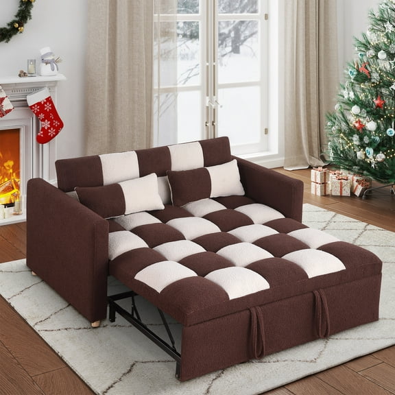 Aukfa 53.5" Convertible Loveseat Sleeper, Pull Out Sofa Bed, Teddy, Brown/White