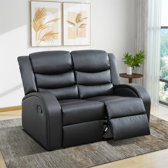 Aukfa 53" Double Recliner Chair, Overstuffed Loveseat RV Sofa for Living Room Bedroom, Leather, Black