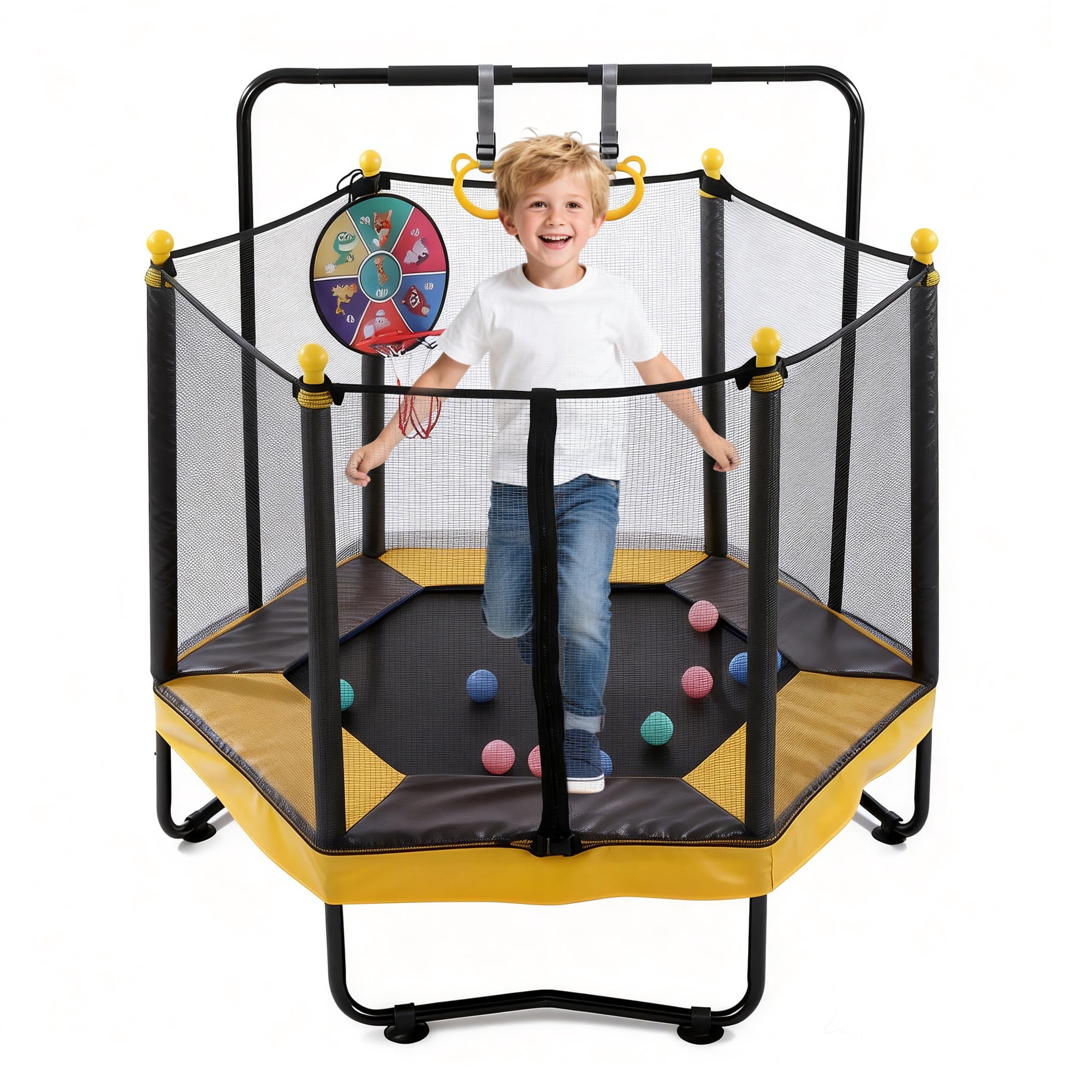 Aukfa 54" Kids Trampoline with Safety Enclosure, Mini Toddler Jumper with Basketball Hoop, Rings & Ocean Balls for Indoor Play, Yellow