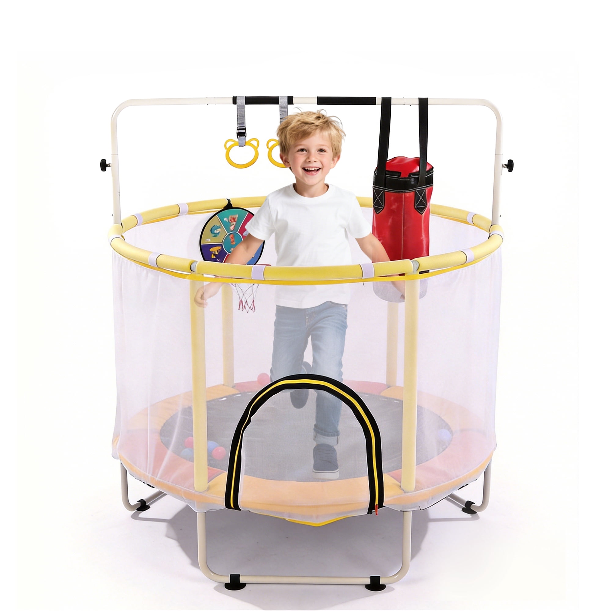 Aukfa 54" Kids Trampoline with Safety Net, 5-in-1 Toddler Jumper with Basketball Hoop, Boxing Bag & Rings for Indoor Home Play,Orange
