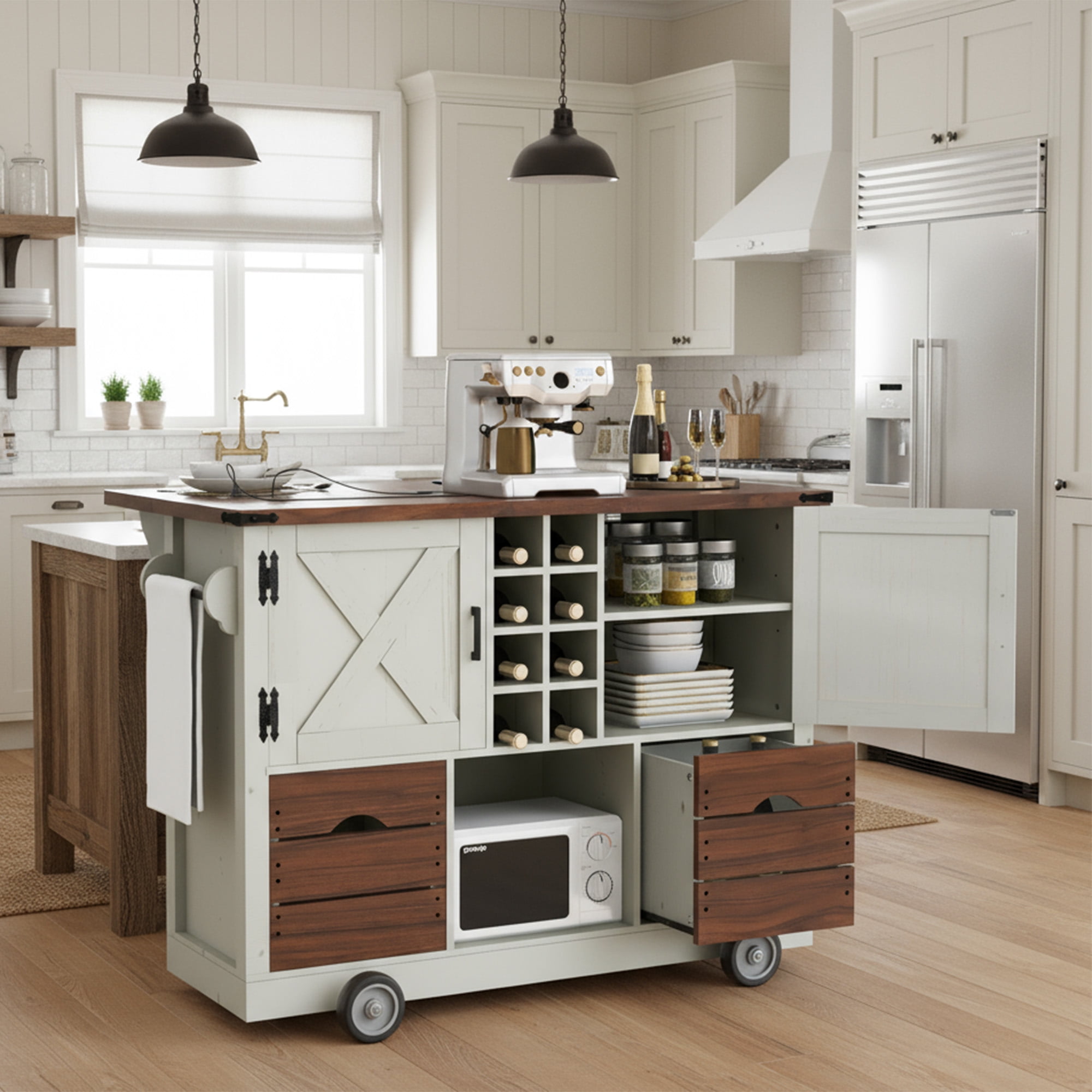 Aukfa 54" Kitchen Island with Drop Leaf & Power Outlet, Mobile Rolling Cart w/ Spice Rack for Kitchen/Dining Room, White