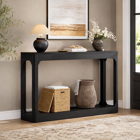 Aukfa 55.1" Wood Console Table, Narrow Sofa Table with 2-Tier Open Shelf for Entryway Hallway Living Room,Black