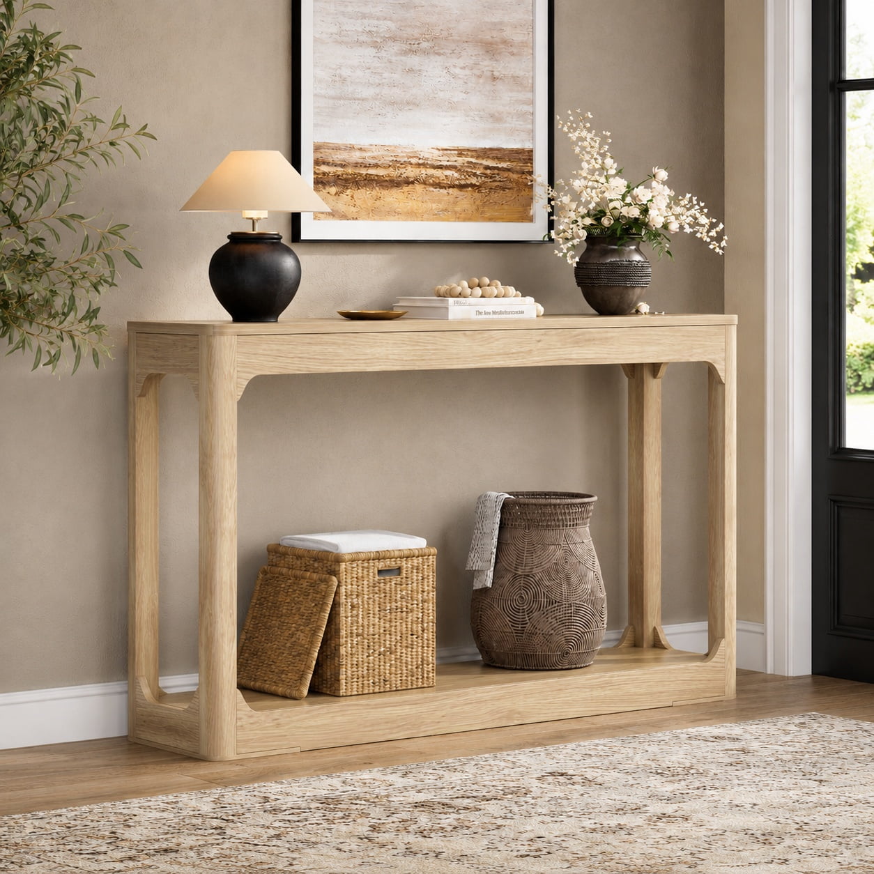 Aukfa 55.1" Wood Console Table, Narrow Sofa Table with 2-Tier Open Shelf for Entryway Hallway Living Room,Natural