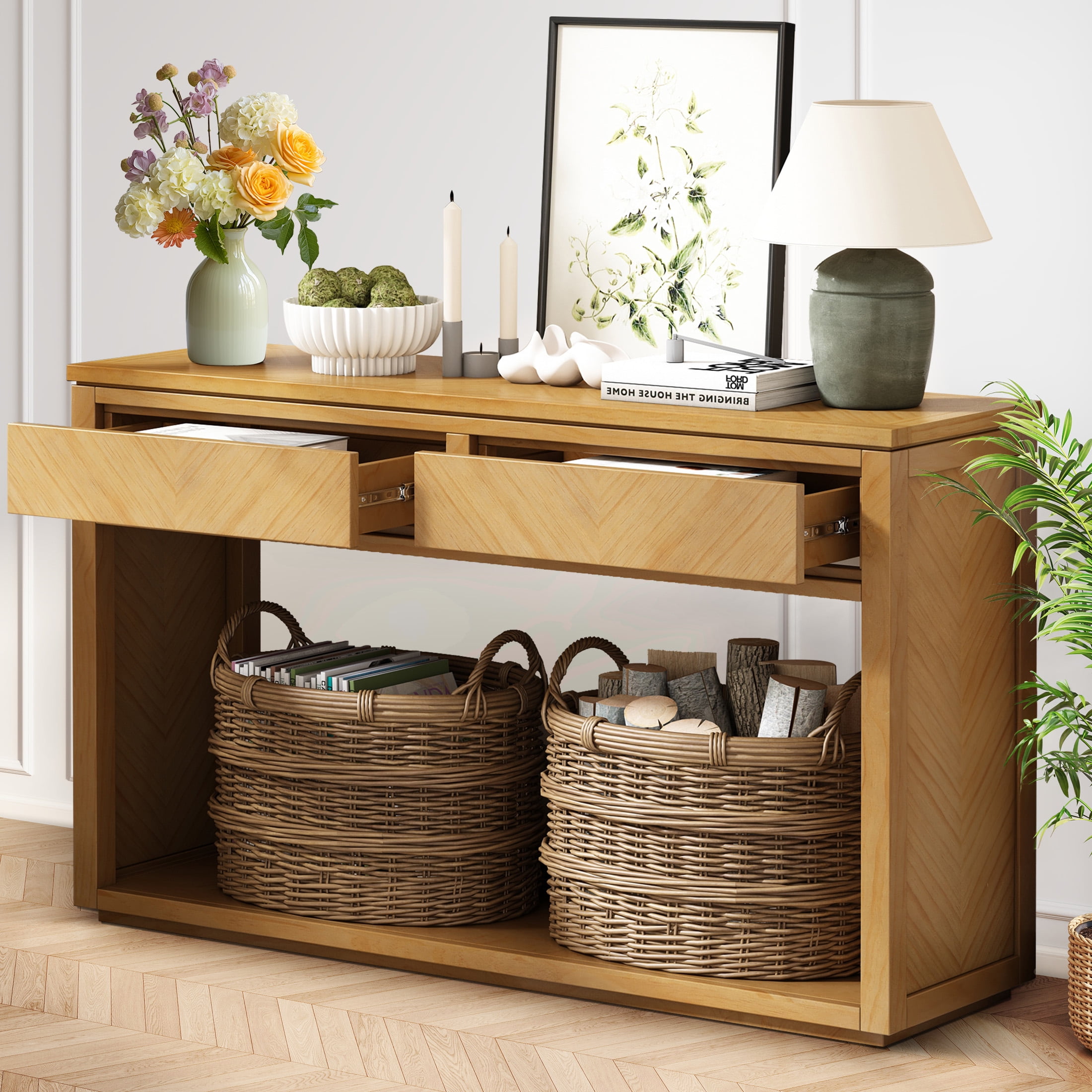 Aukfa 55" Console Table, Rustic Entryway Sofa Table with Storage Drawers and Open Shelf for Hallway and Living Room, Oak