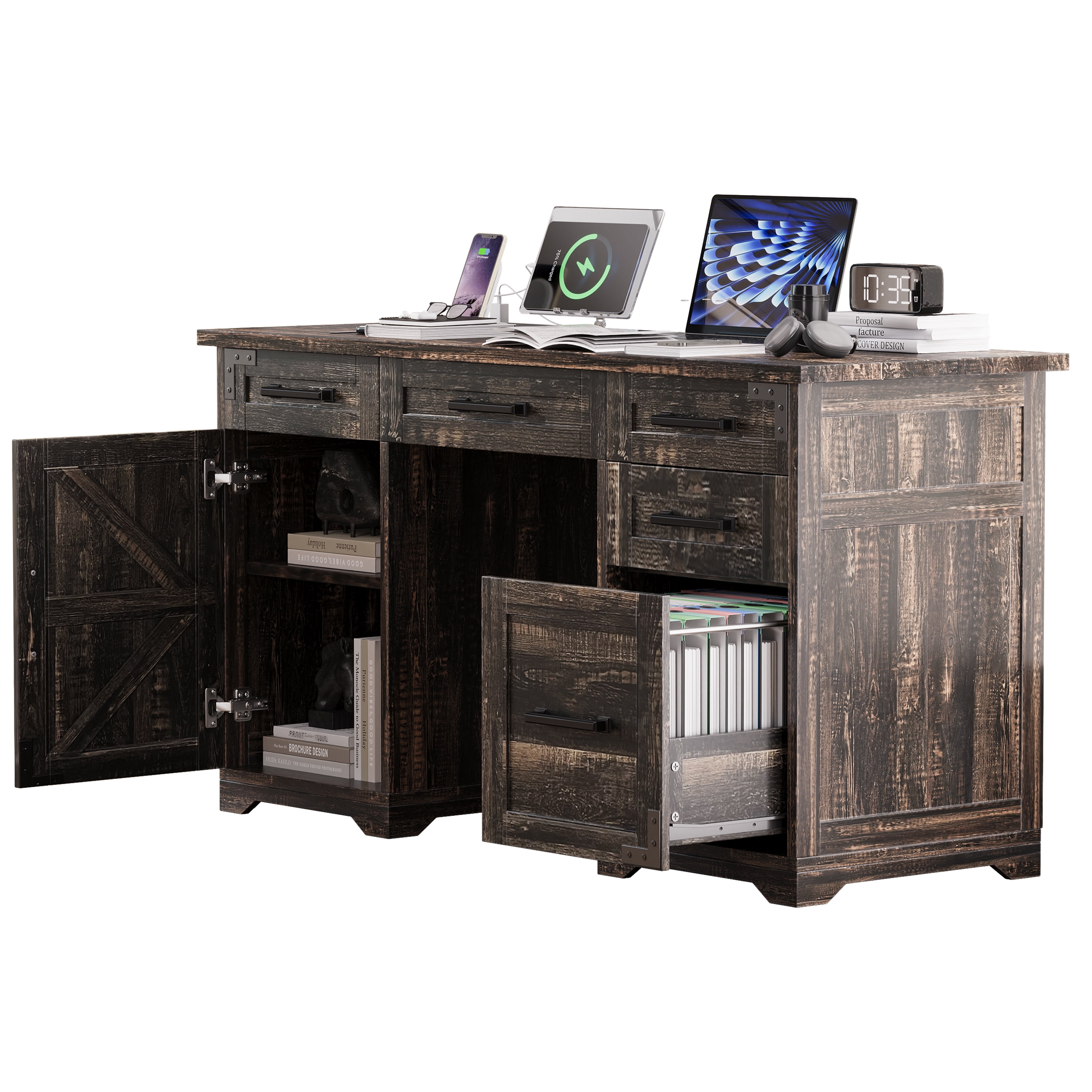 Aukfa 55" Farmhouse Executive Desk with Charging Station, Home Office Computer Desk with File Drawer & Storage Cabinet,Rustic Gray