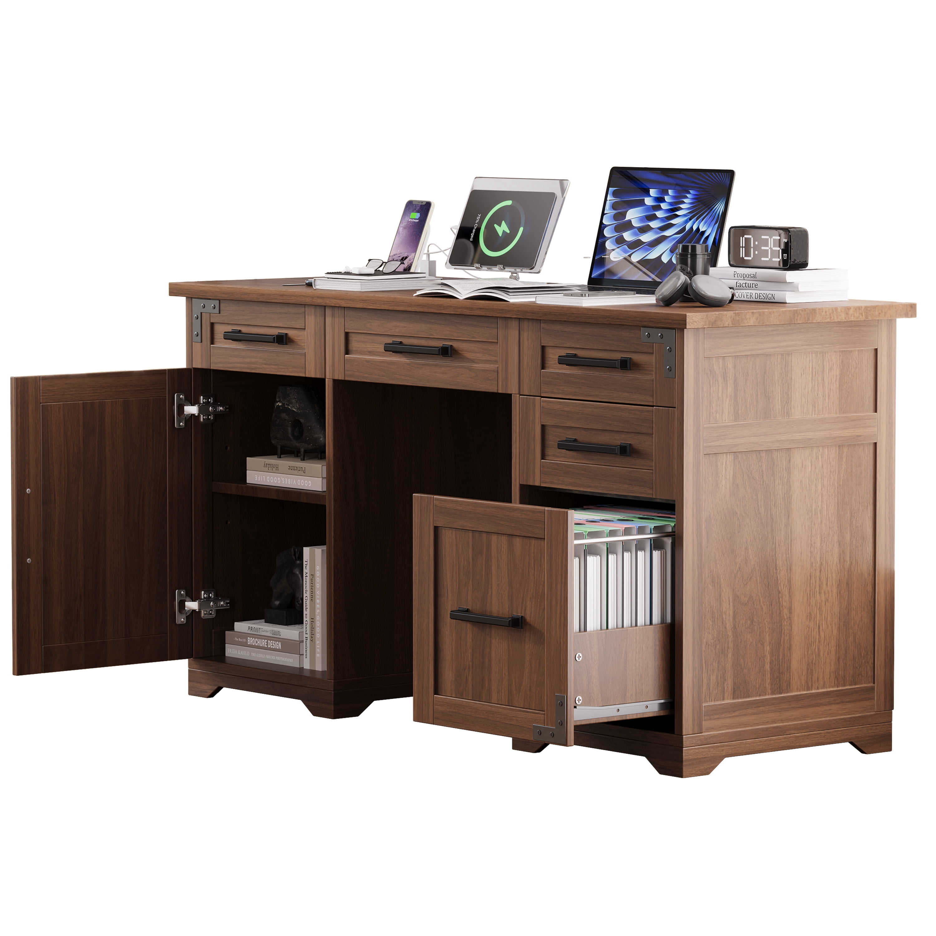 Aukfa 55" Farmhouse Executive Desk with Charging Station, Home Office Computer Desk with File Drawer & Storage Cabinet,Walnut