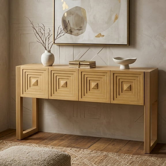 Aukfa 55" Geometric Carved Console Table with 3 Drawers, Fluted Leg Entryway Table, Modern Sofa Accent Table for Living Room/Hallway,Brown