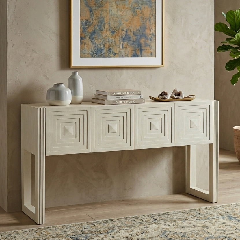Aukfa 55" Geometric Carved Console Table with 3 Drawers, Fluted Leg Entryway Table, Modern Sofa Accent Table for Living Room/Hallway,Parchment