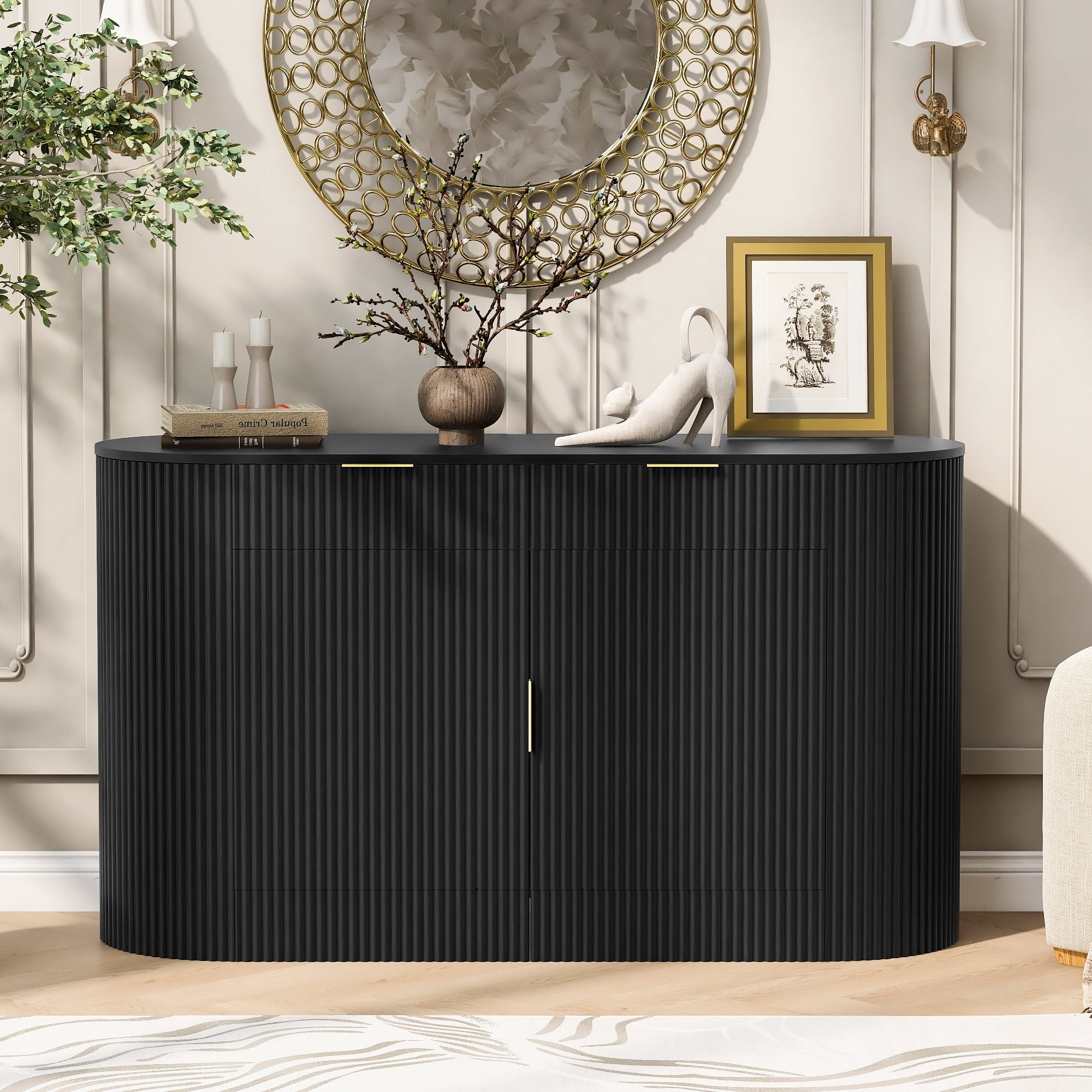 Aukfa 55" Modern Accent Storage Cabinet, Sideboard Buffet Console with Stripe Doors & 3 Side Shelves for Living Room/Dining Room/ Bedroom,Black