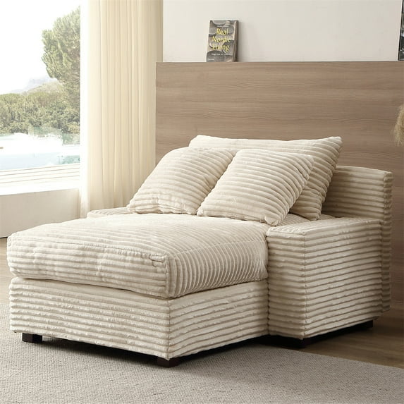 Aukfa 55" Oversized Chaise Corduroy Sofa Plush Chair Bed for Living Room Bedroom, 3 Pillows, Beige