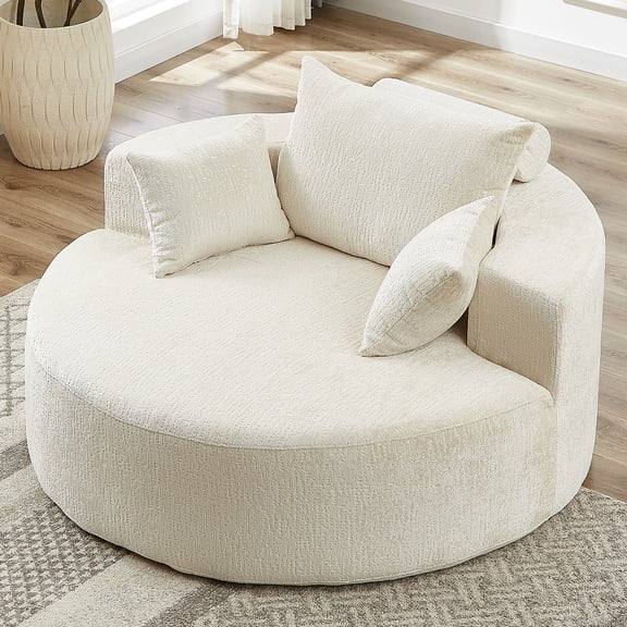 Aukfa 55" Oversized Chenille Chaise Lounge Chair Indoor, Round Boneless Sleeper Chair with Deep Seat & Pillows, Beige