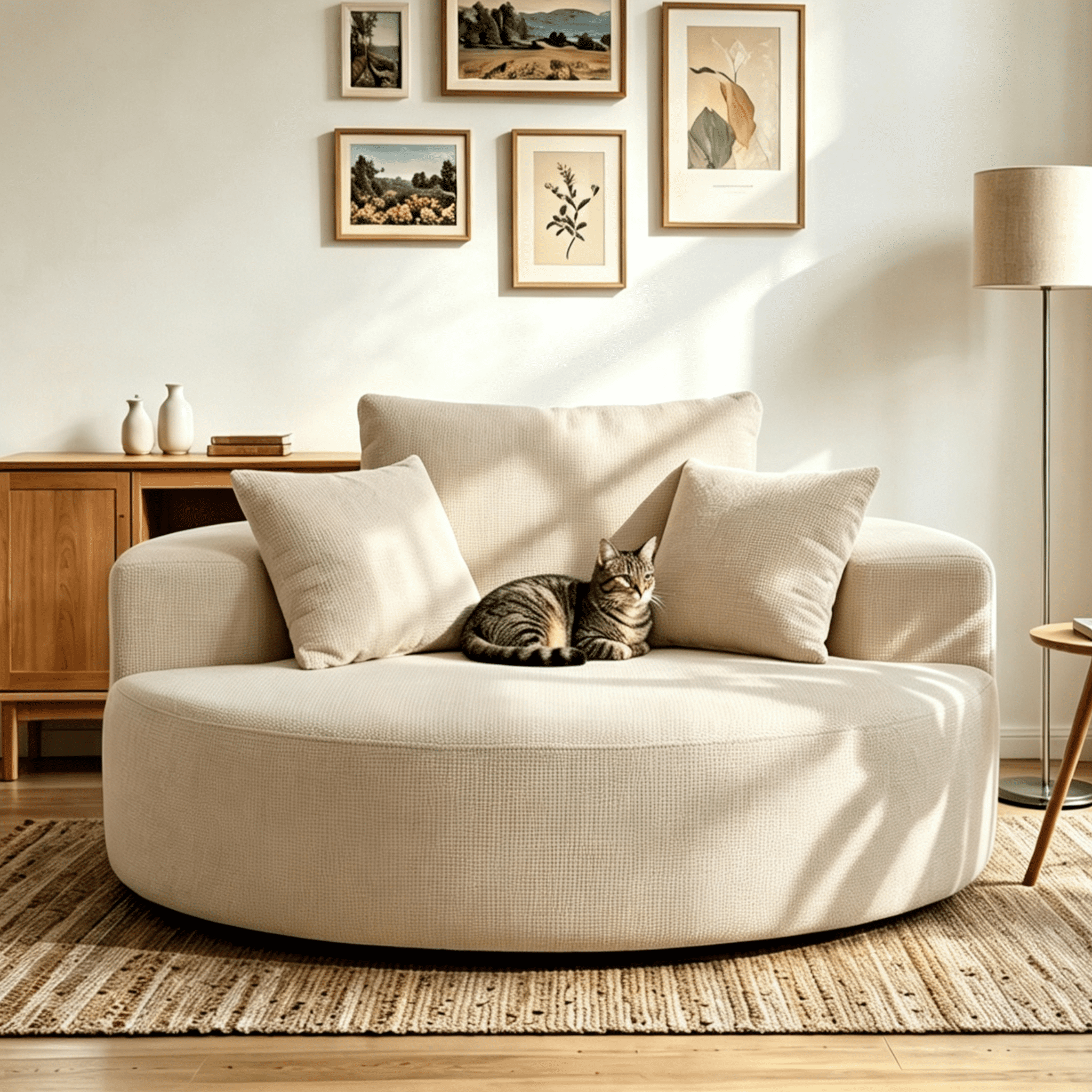 Aukfa 55" Oversized Round Chaise Lounge Chair, Chenille Lounge Sofa with 3 Pillows & Wide Armrests,Beige