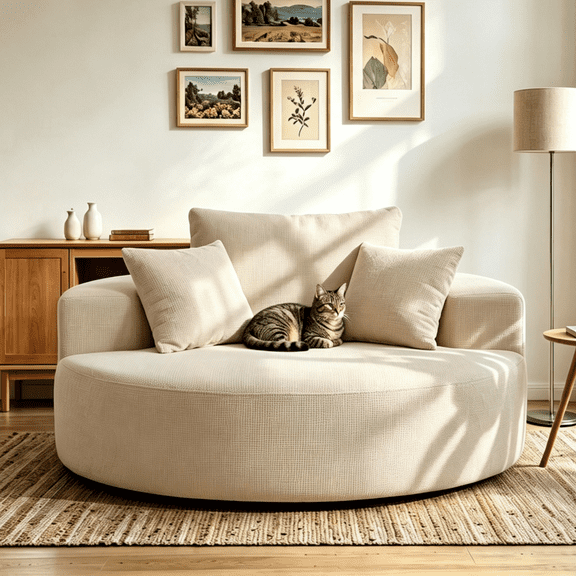 Aukfa 55" Oversized Round Chaise Lounge Chair, Chenille Lounge Sofa with 3 Pillows & Wide Armrests,Beige