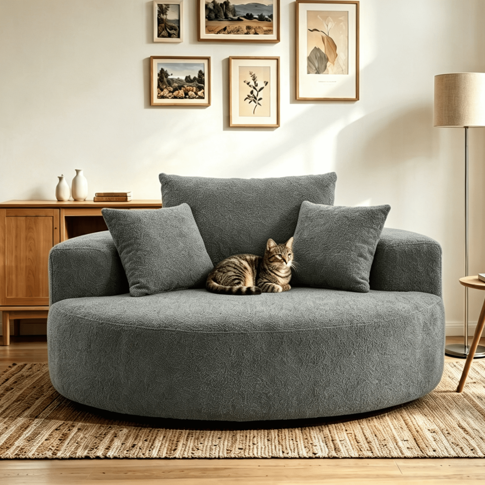 Aukfa 55" Oversized Round Chaise Lounge Chair, Chenille Lounge Sofa with 3 Pillows & Wide Armrests,Gray