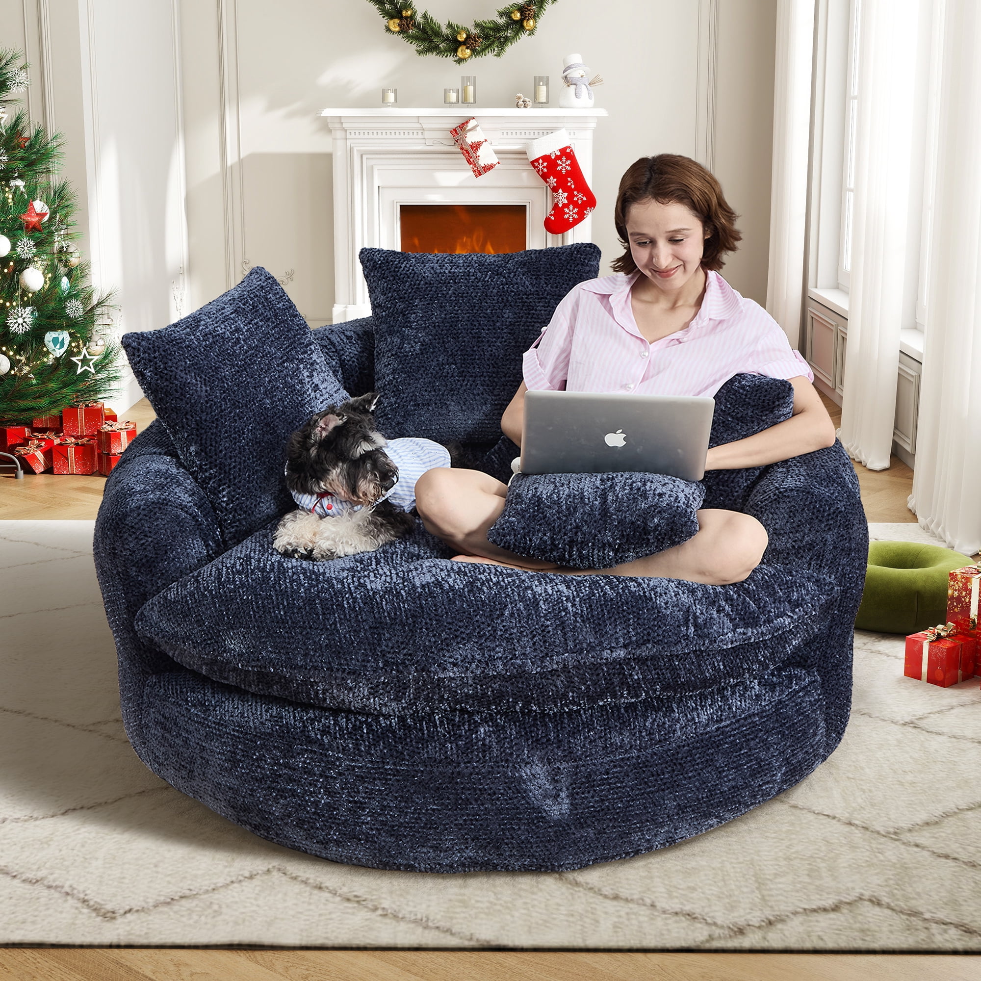 Aukfa 55" Oversized Round Chaise Lounge Chair, Fluffy Deep Seat Cloud Floor Sofa, Modern No Assembly Couch, Dark Blue