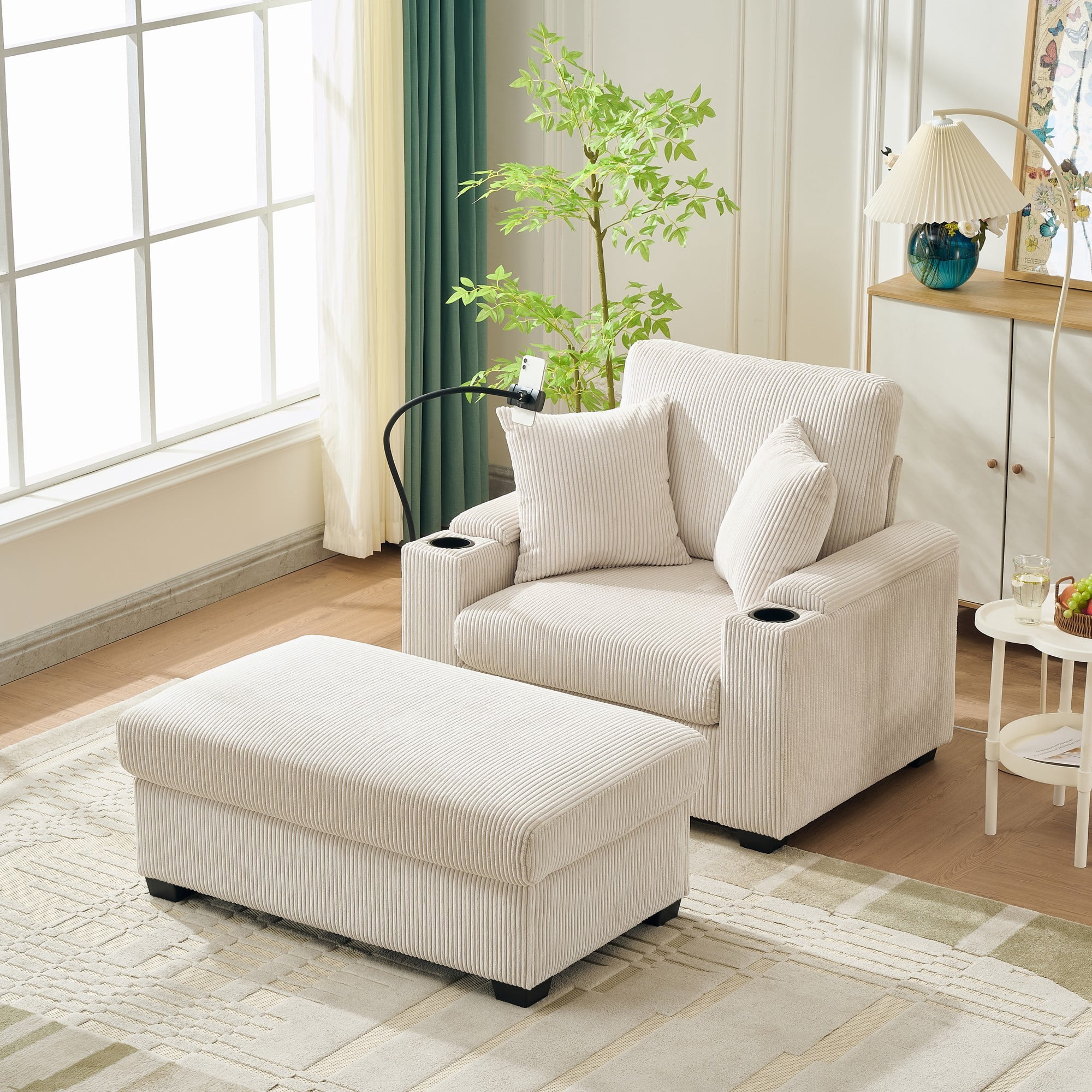 Aukfa 55" Upholstered Deep Seat  Acent Chair with Storage Ottoman & USB, Comfy Corduroy Single Sofa Lounge Chair, Beige
