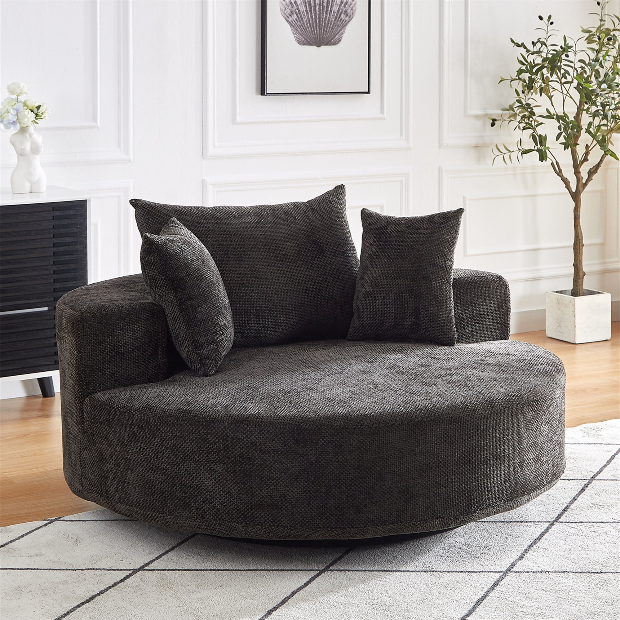 Aukfa 55 in Swivel Accent Chair, Oversized Round Cloud Sofa Chair for Living Room Bedroom, 3 Pillows, Chenille, Black