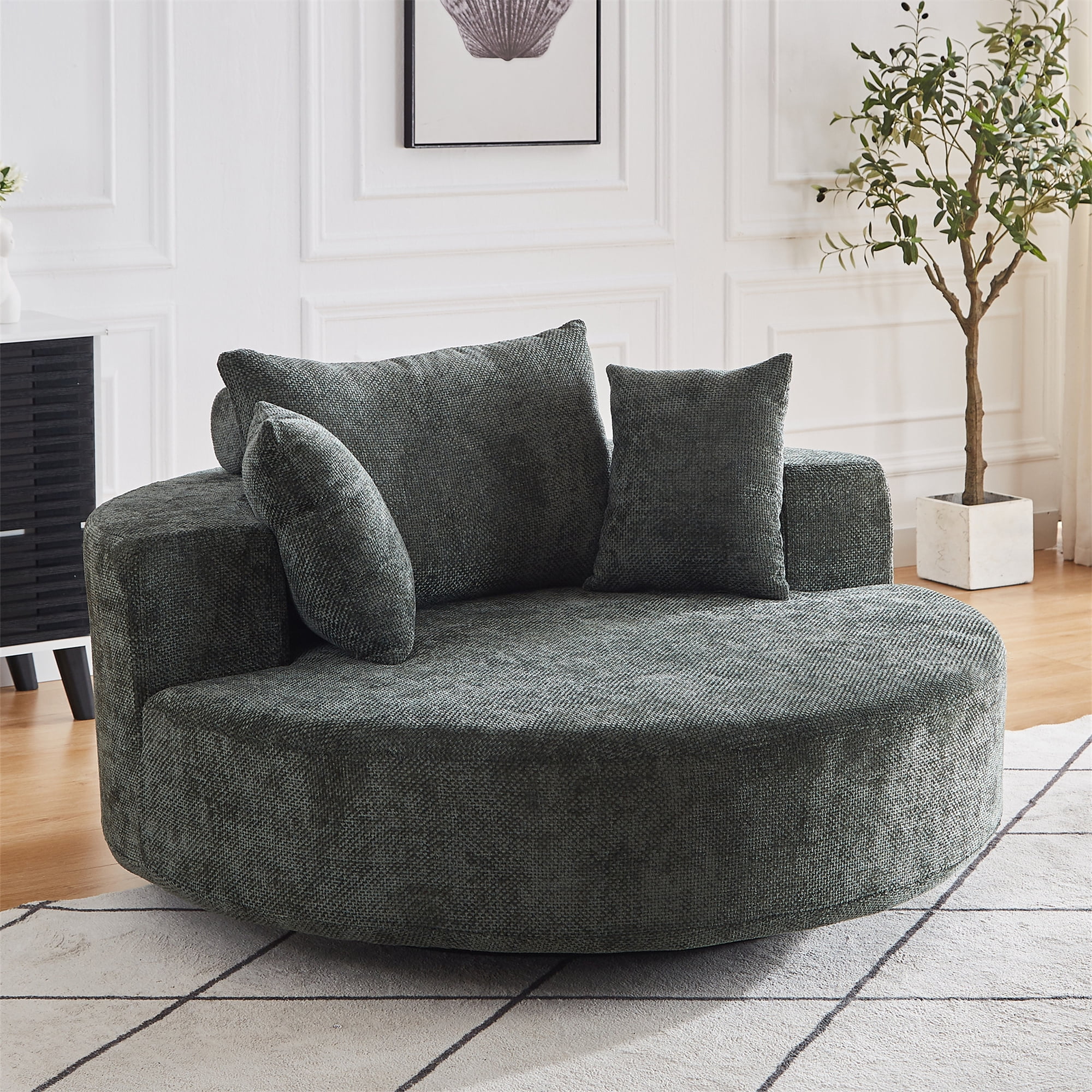 Aukfa 55 in Swivel Accent Chair, Oversized Round Cloud Sofa Chair for Living Room Bedroom, 3 Pillows, Chenille, Green