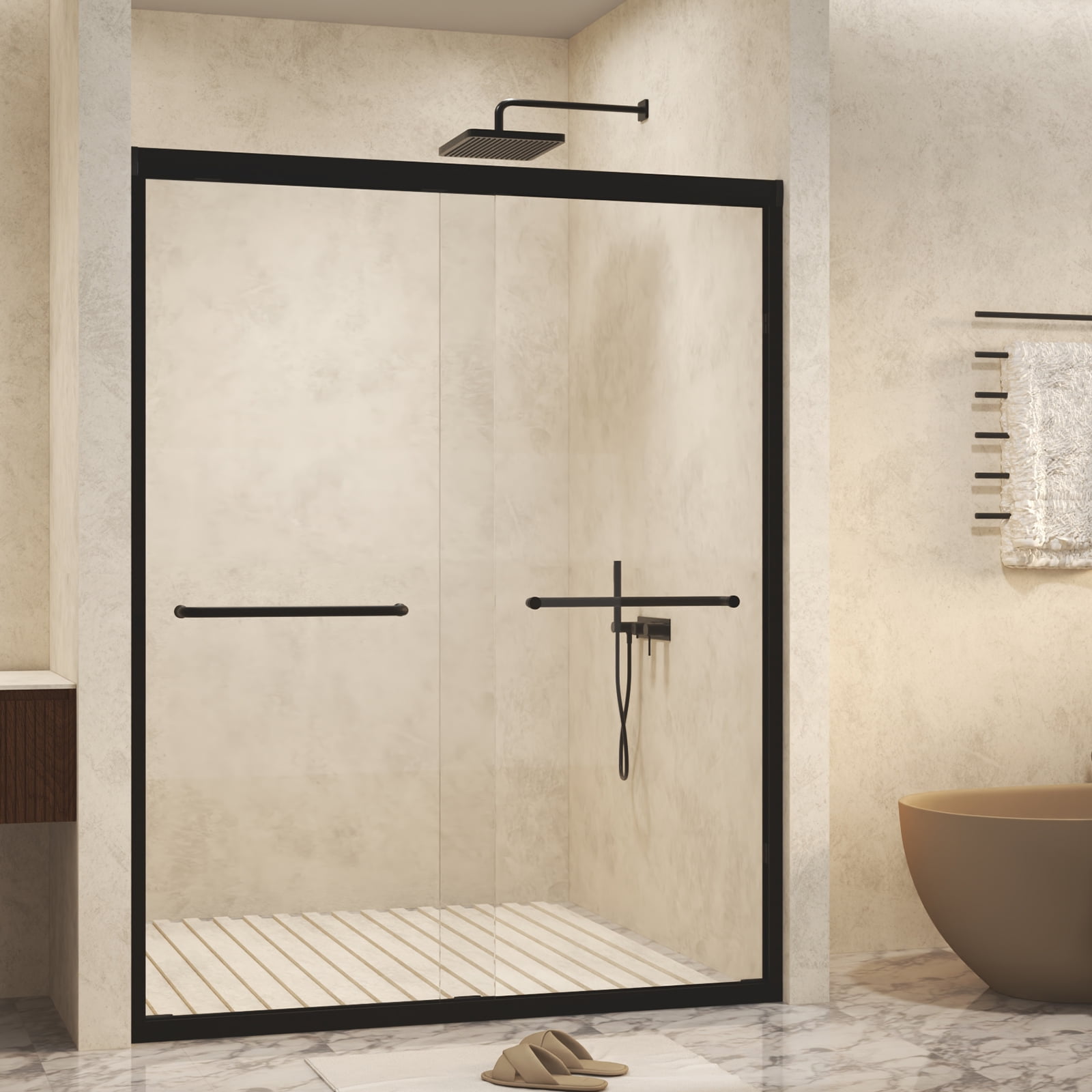 Aukfa 56-60" W x 60" H Double Sliding Shower Door, Aluminum Frame Explosion Proof Film,1/4", Matte Black