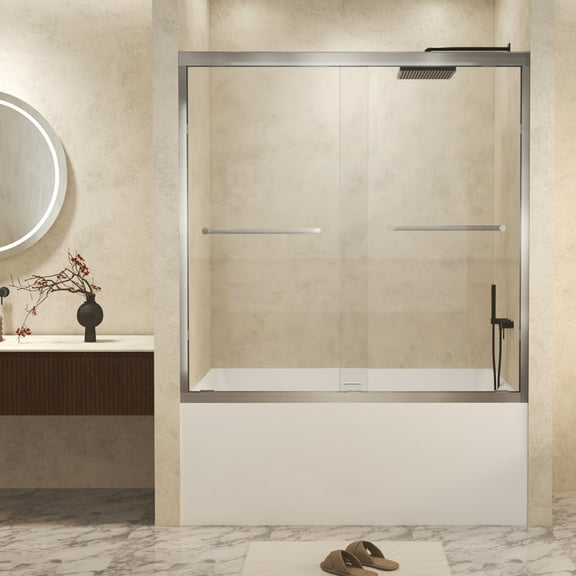 Aukfa 56-60" W x 70" H Double Sliding Shower Door, Aluminum Frame Explosion Proof Film,1/4",Brushed Nickel