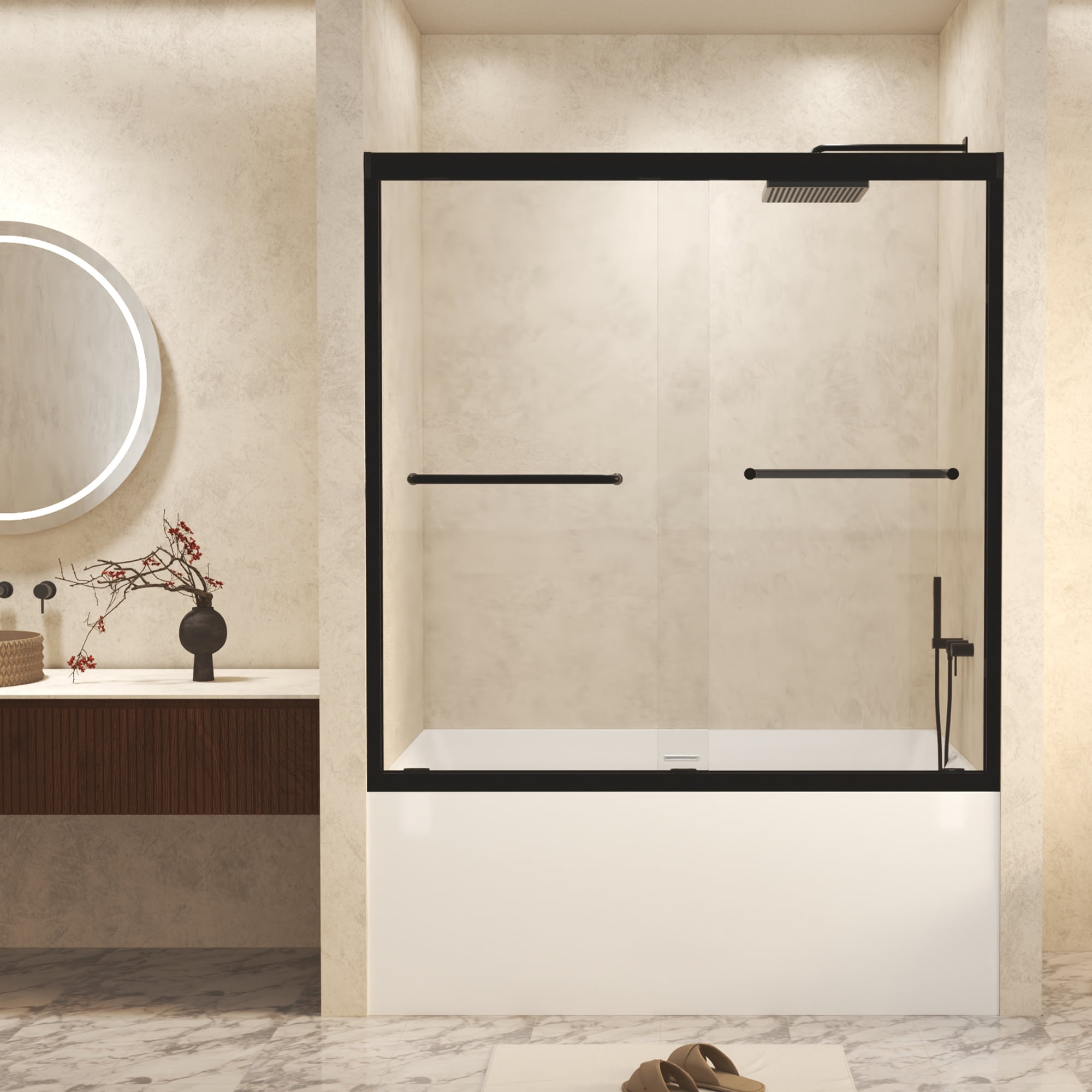 Aukfa 56-60" W x 70" H Double Sliding Shower Door, Aluminum Frame Explosion Proof Film,1/4", Matte Black