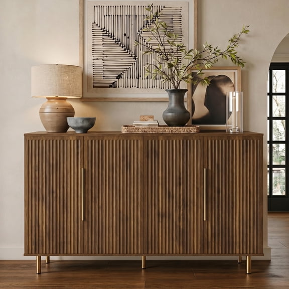 Aukfa 56.7" Modern Sideboard Buffet Cabinet with Adjustable Shelves, Accent Credenza Organizer,Walnut