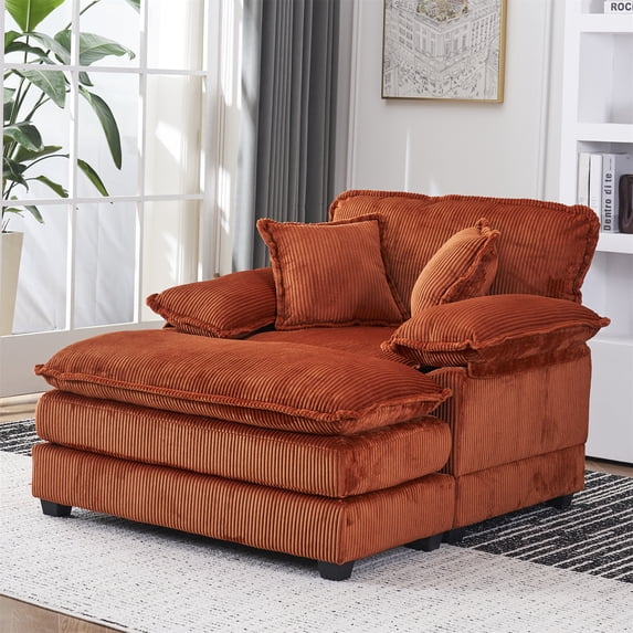 Aukfa Corduroy Chaise Lounge Oversized Dual-layer Cushion Sofa w/ Ottoman for Living Room Bedroom, Orange