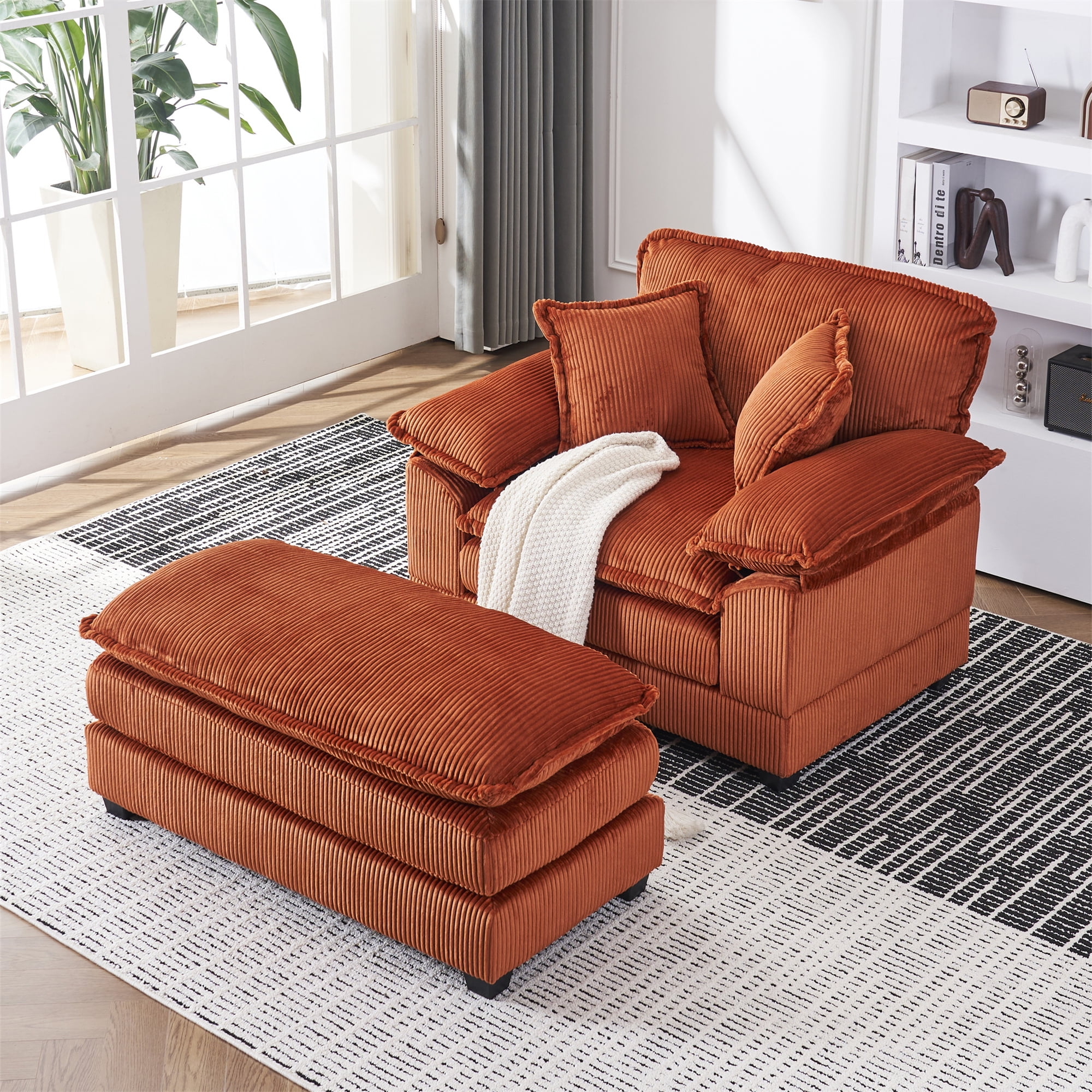 Aukfa 56" Corduroy Chaise Lounge, 2 Pillows, Orange