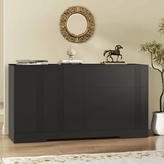 Aukfa 56"Sideboard Buffet Cabinet,Modern Kitchen Storage Accent Cabinet with Storage,Black