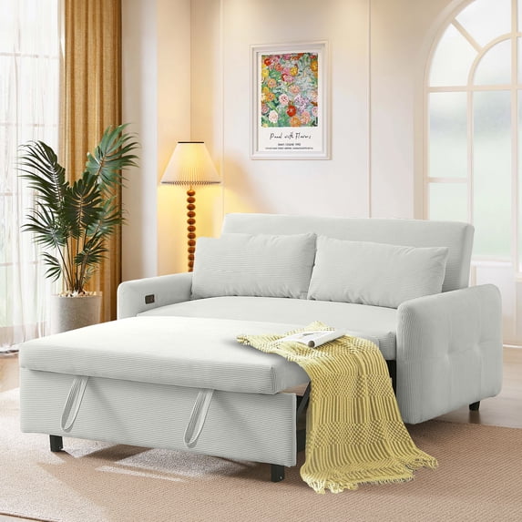 Aukfa 57.48" Sleeper Sofa Bed, Modern Convertible Loveseat Sofa Couch with USB Ports, Light Gray