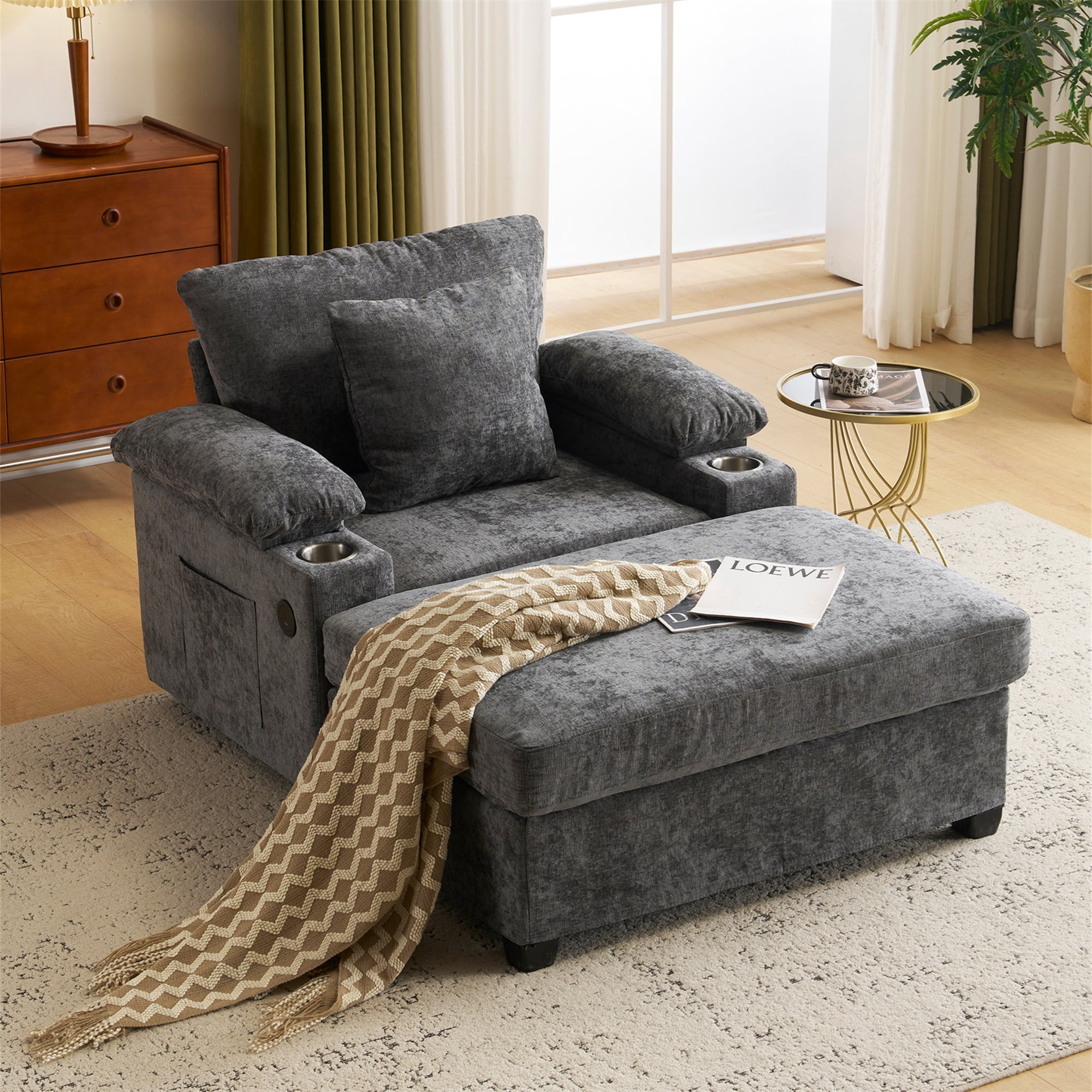 Aukfa 58" Chaise Lounge Oversized Sofa Chair with 2 Cup Holders&USB Ports, Chenille, Dark Gray