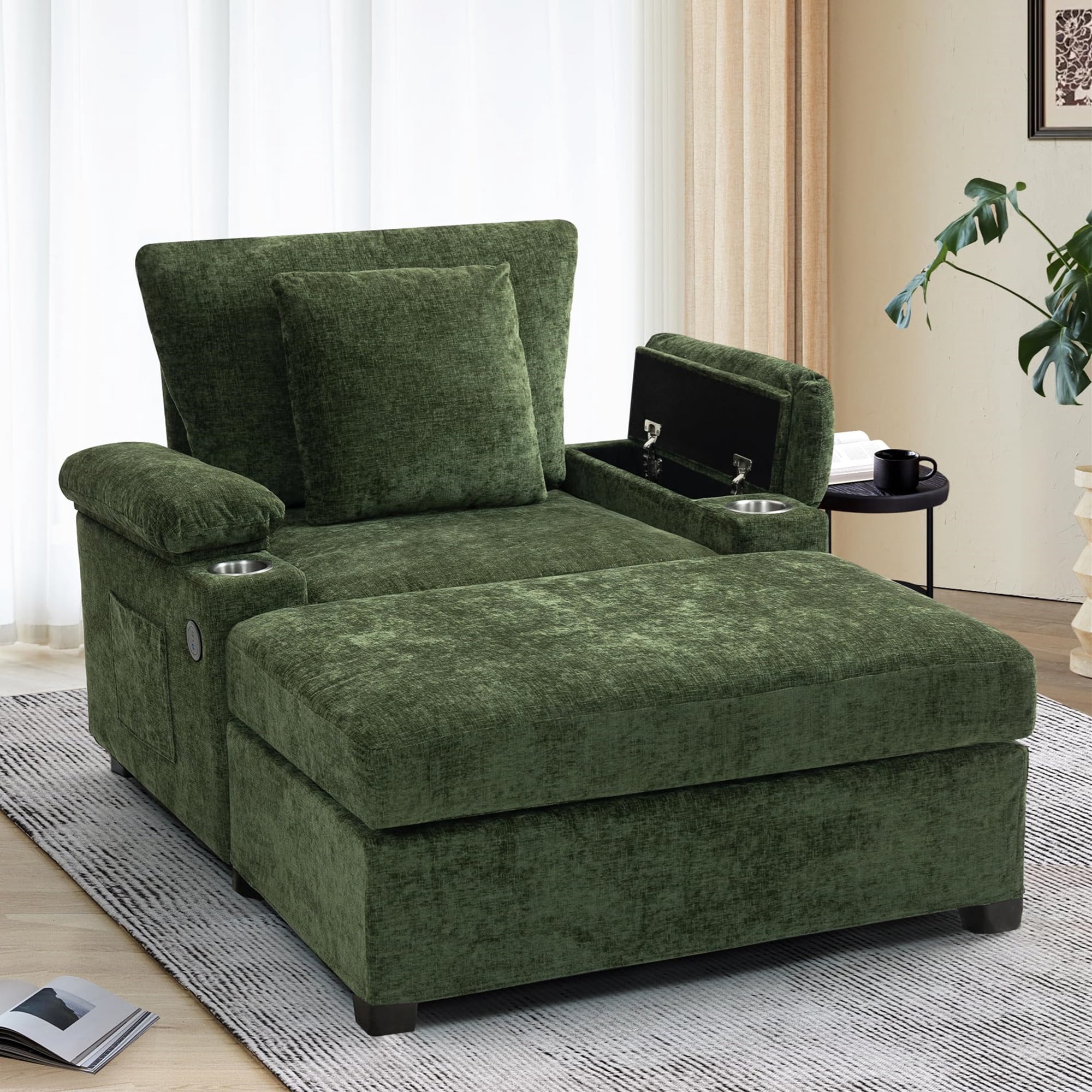 Aukfa 58" Chaise Lounge Oversized Sofa Chair with 2 Cup Holders&USB Ports, Chenille, Green