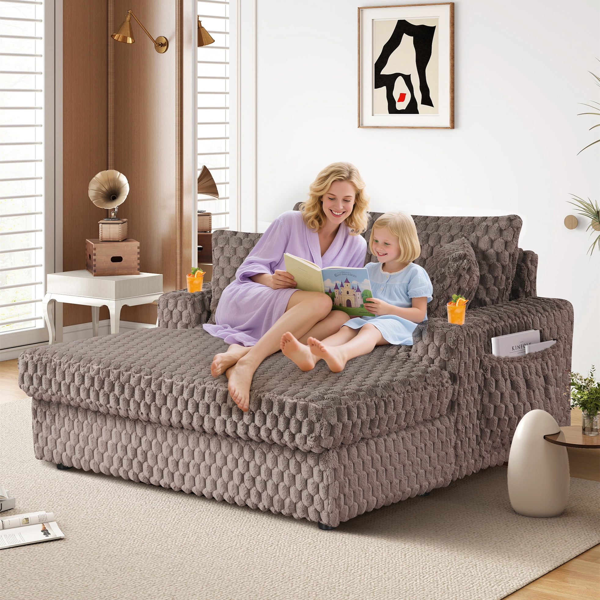 Aukfa 53"W Oversized Chaise Lounge Loveseat Sleeper Sofa with 2 Cup Holders, 3 Pillows, Fluffy Corduroy, Light Brown