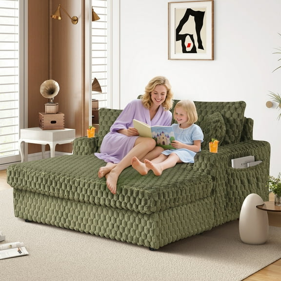 Aukfa 53"W Oversized Chaise Lounge Loveseat Sleeper Sofa with 2 Cup Holders, 3 Pillows, Fluffy Corduroy, Olive Green