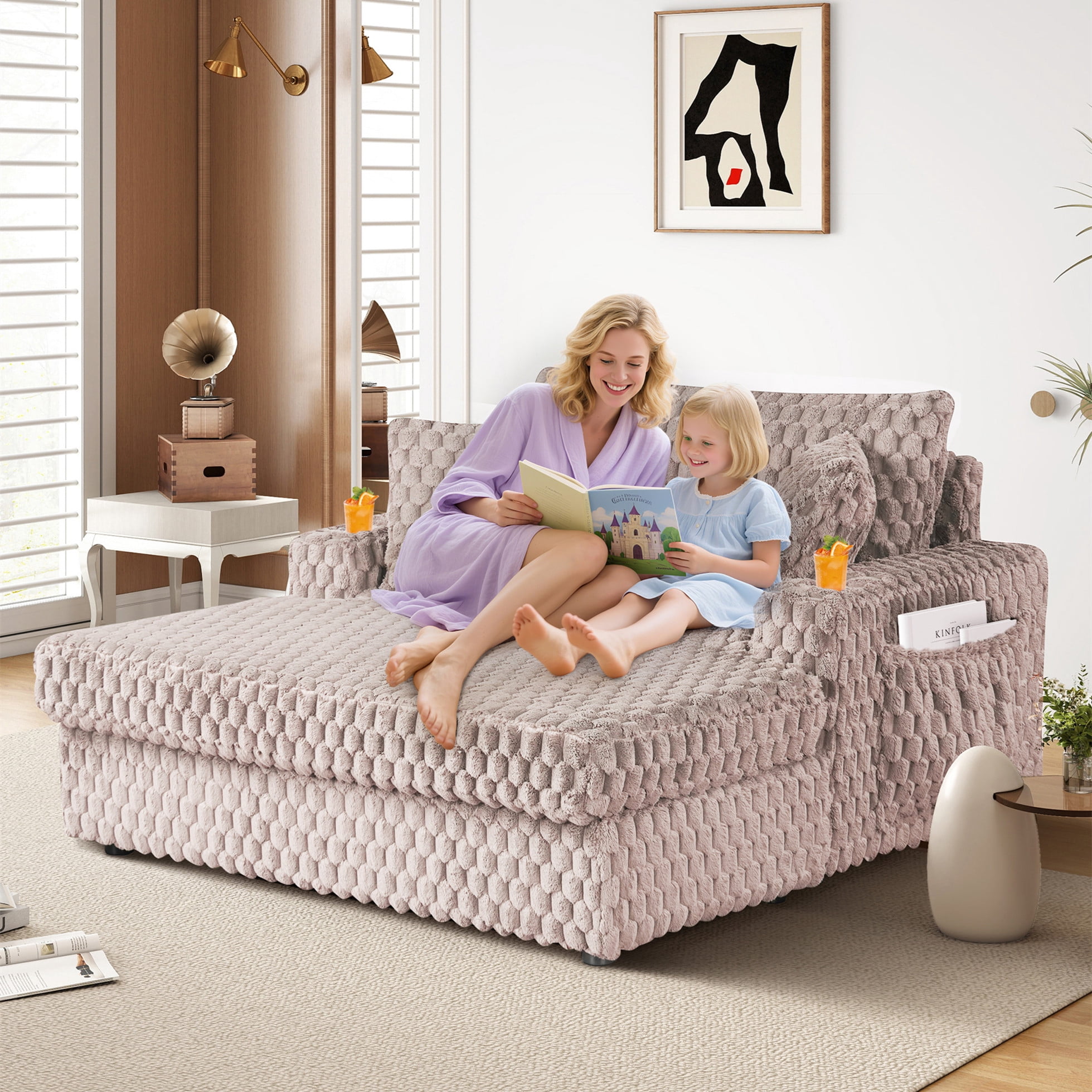 Aukfa 53"W Oversized Chaise Lounge Loveseat Sleeper Sofa with 2 Cup Holders, 3 Pillows, Fluffy Corduroy, Taupe