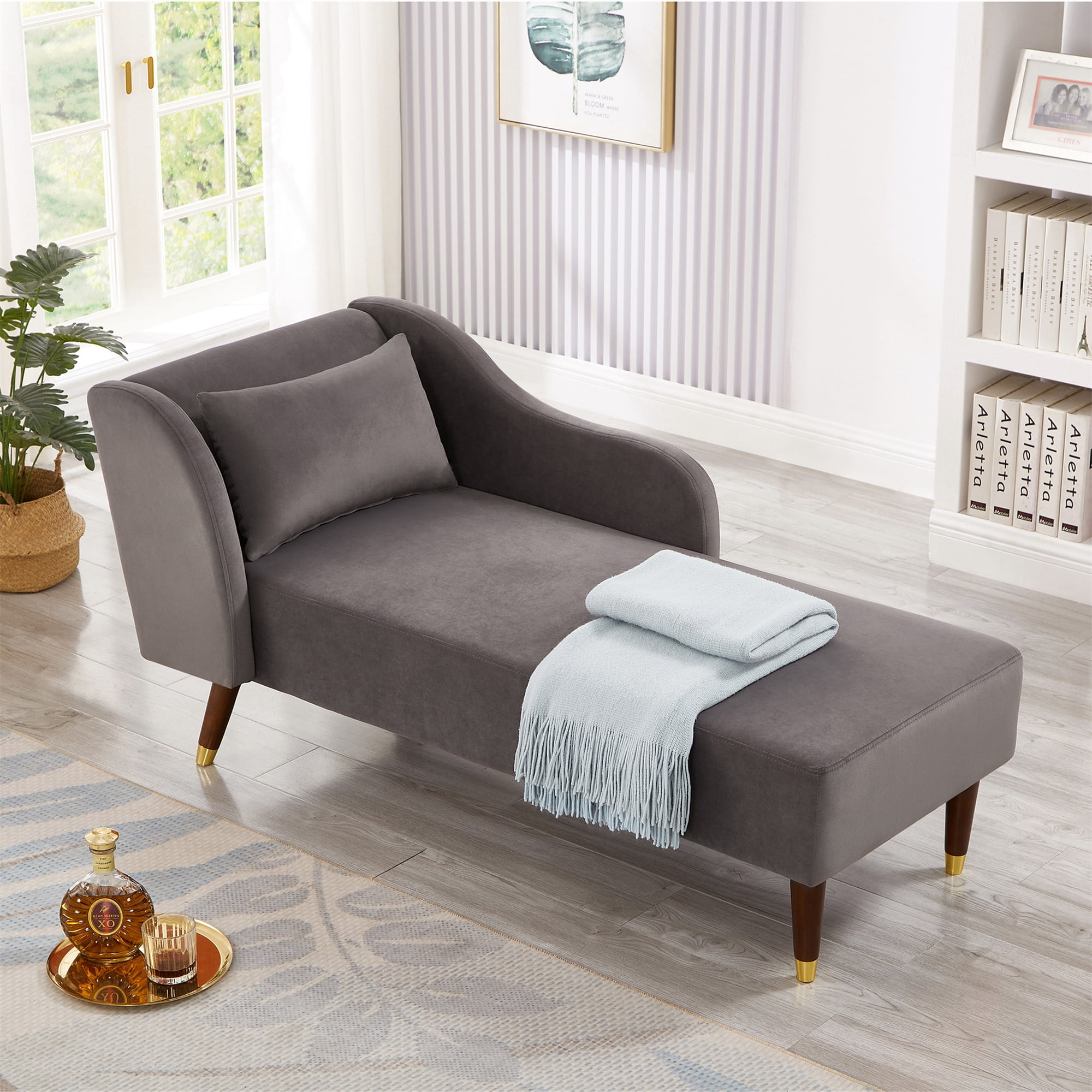 Aukfa 58" Velvet Chaise Lounge Indoor Upholstered Sofa w/ Pillow for Living Room Bedroom, Gray