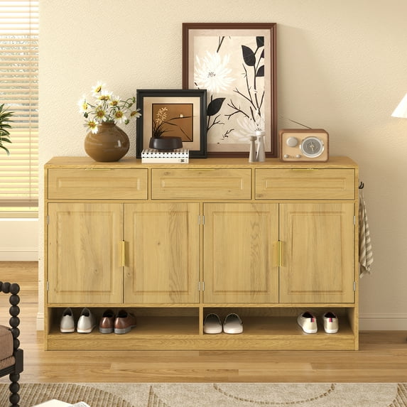 Aukfa 59.1" Sideboard Buffet Cabinet,Large Storage Cabinet with 3 Drawers & Adjustable Shelf,Natural