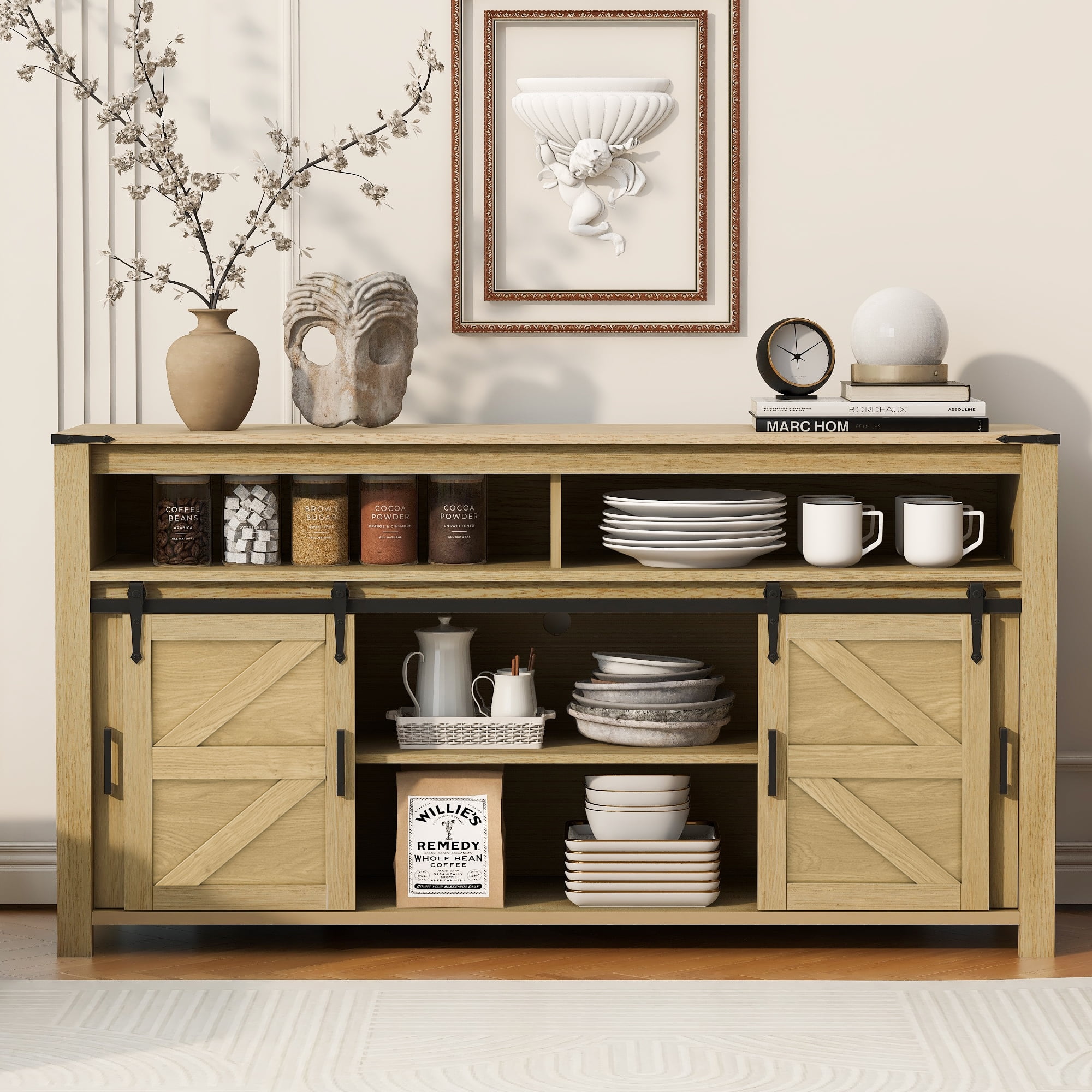 Aukfa 59.3" Sideboard Buffet Cabinet w/Mesh Panel Doors,Large Storage Cabinet for Kitchen Dining Living Room,Natural