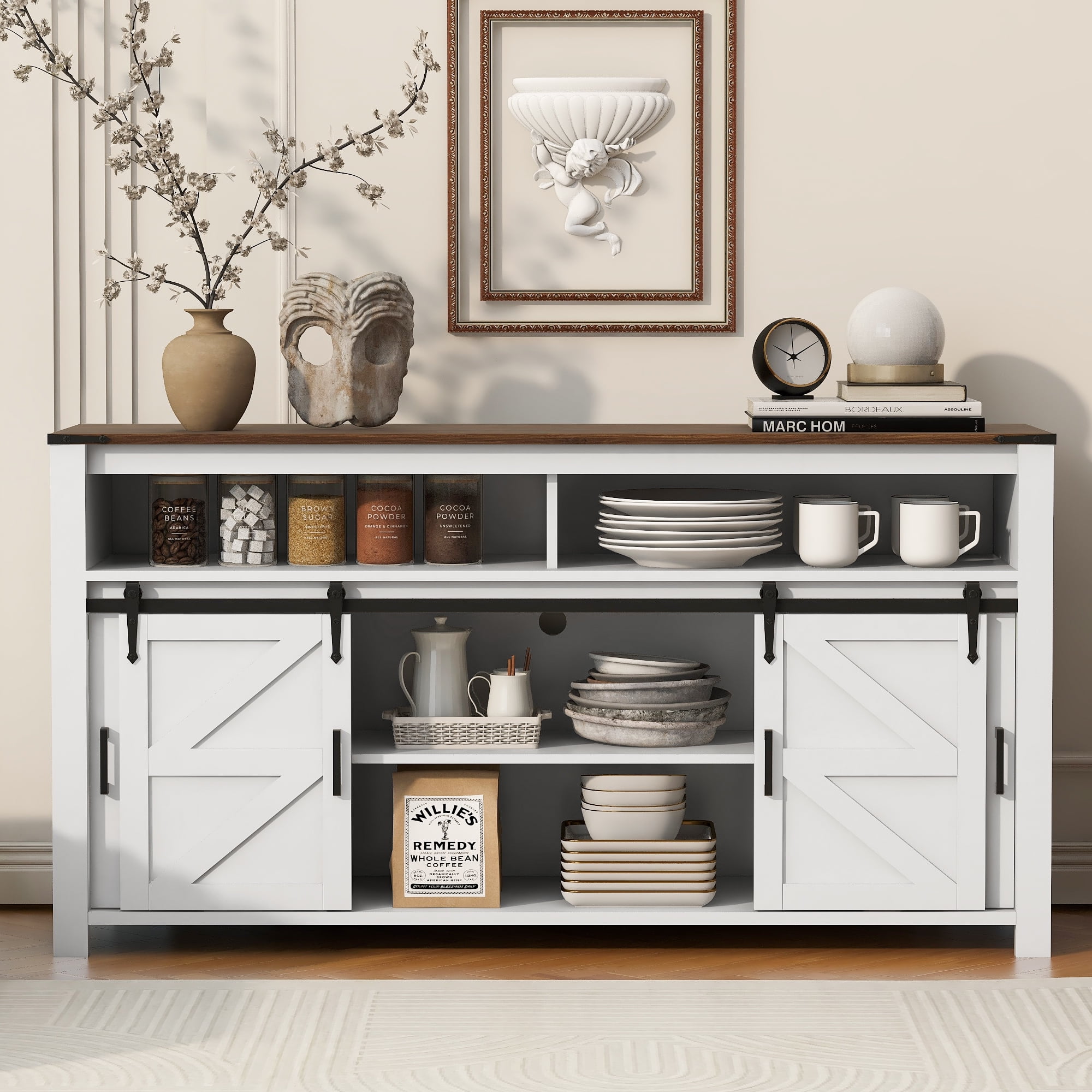 Aukfa 59.3" Sideboard Buffet Cabinet w/Mesh Panel Doors,Large Storage Cabinet for Kitchen Dining Living Room,White