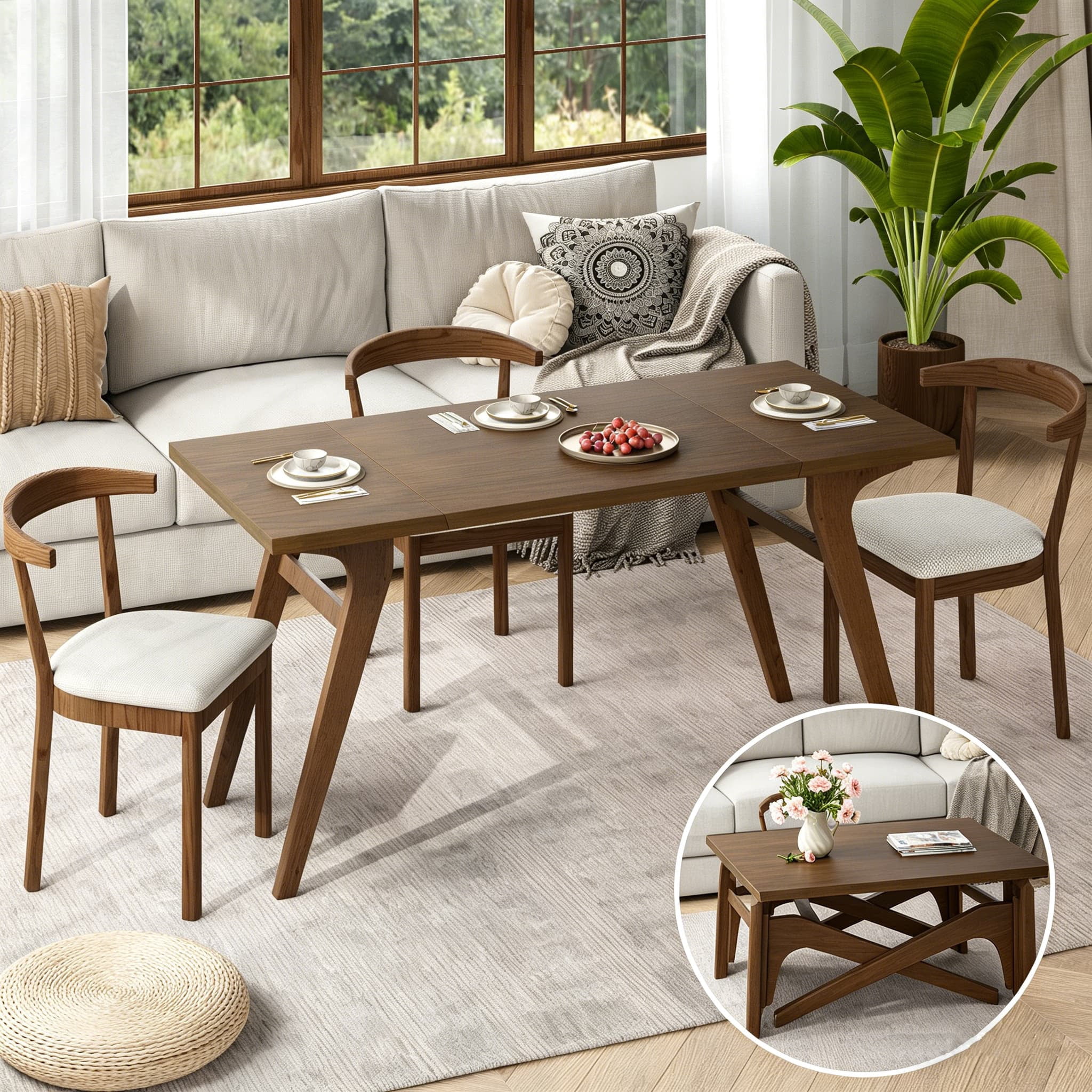 Aukfa 59.5" Rectangle Lift Top Expandable Dining Table,2-in-1 Convertible Solid Wood Dining Table,Walnut